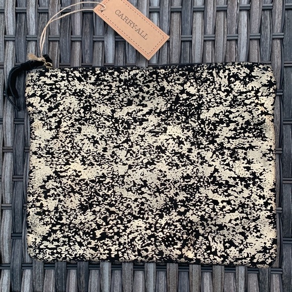 Carry-all Black Suede Zippered Pouch with Gold Foiled Print - Picture 1 of 9